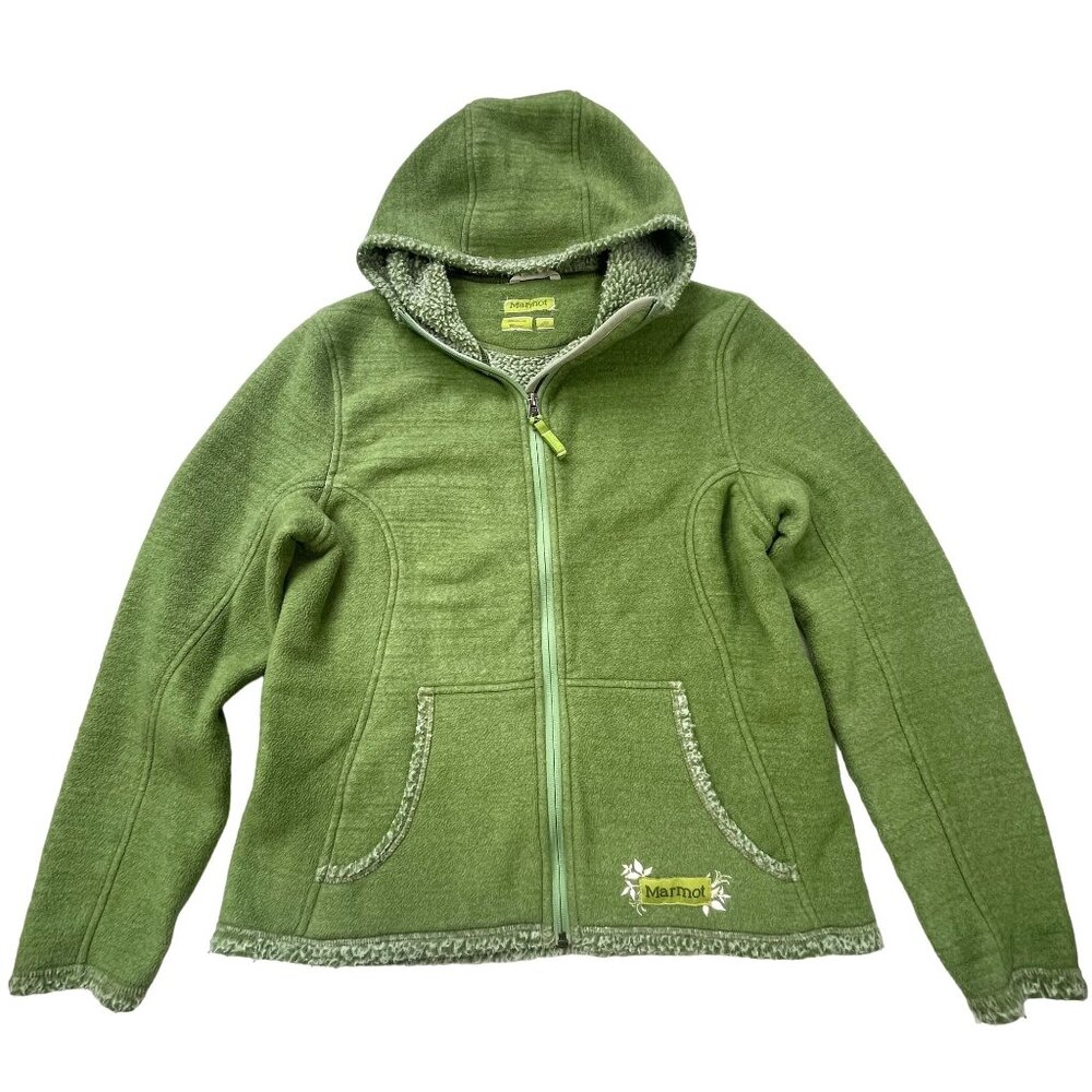 Marmot Womens Hooded Fleece Jacket Green Zip-Up Size M Sherpa Type Lining